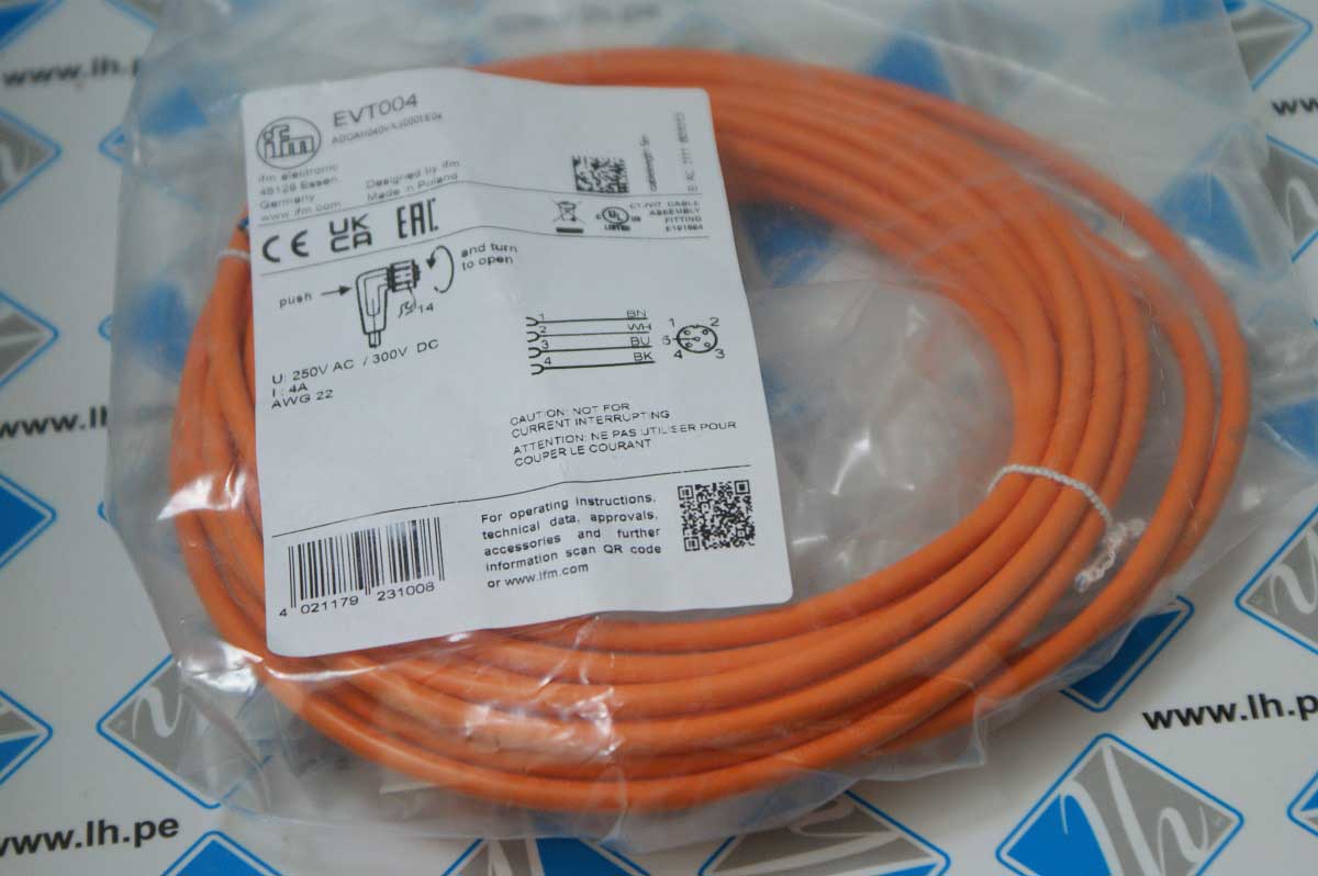 EVT004         Cable de conexión ifm electronic, con. A M12 Hembra, 4 polos, con. B Extremo libre, long. 5m, 250 V ac, 300 V dc, 4 A,